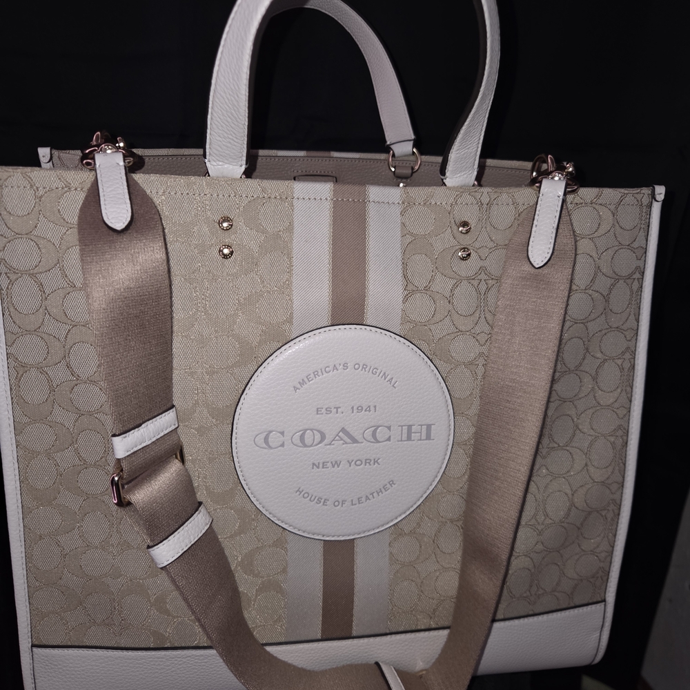 Coach Beige and White Signature Stripe Tote with Logo Patch